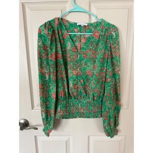 Maison d'Amelie Floral Blouse Smocked Waist Long‎ Sleeve Green XS